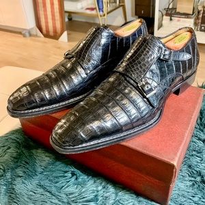 Mezlan Genuine Crocodile Monk Strap Shoes - Black